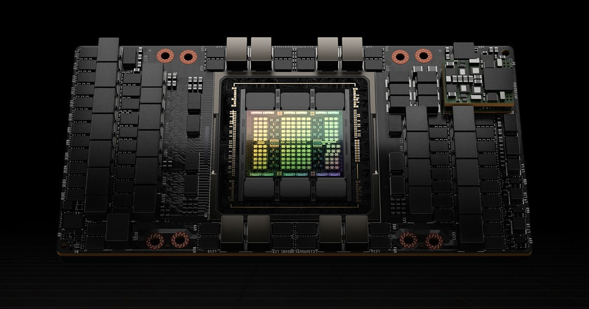 엔비디아 H100 GPU 칩 모듈을 근접 촬영한 사진